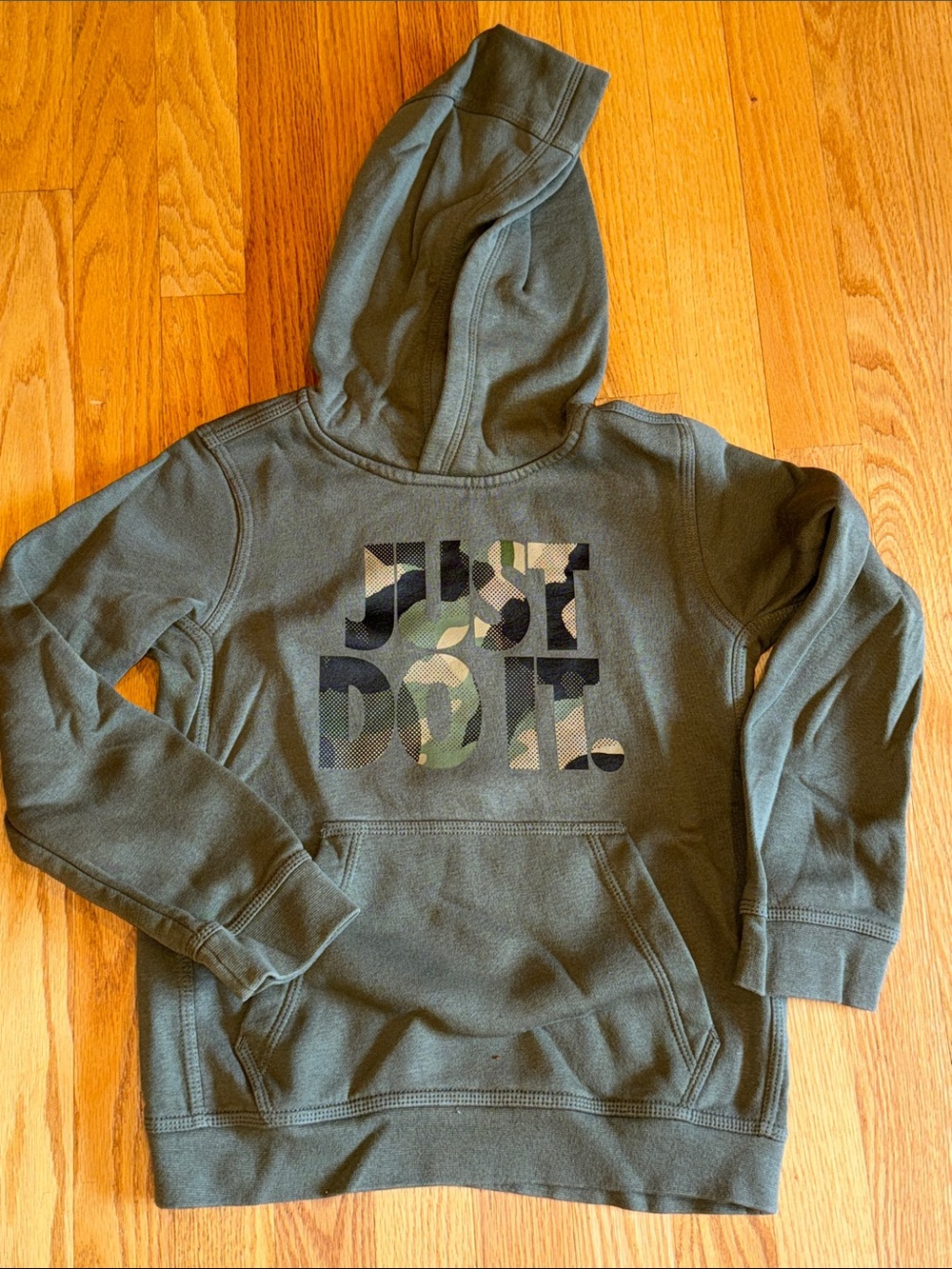 Nike Olive Green Hoodie with Camo "Just Do It" Graphic Youth small